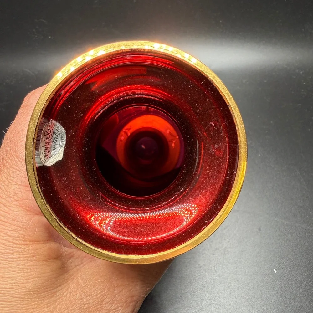 Bohemia Crystal Ruby Red Glass Vase Gold Hand Painted Floral 6.75in Czech